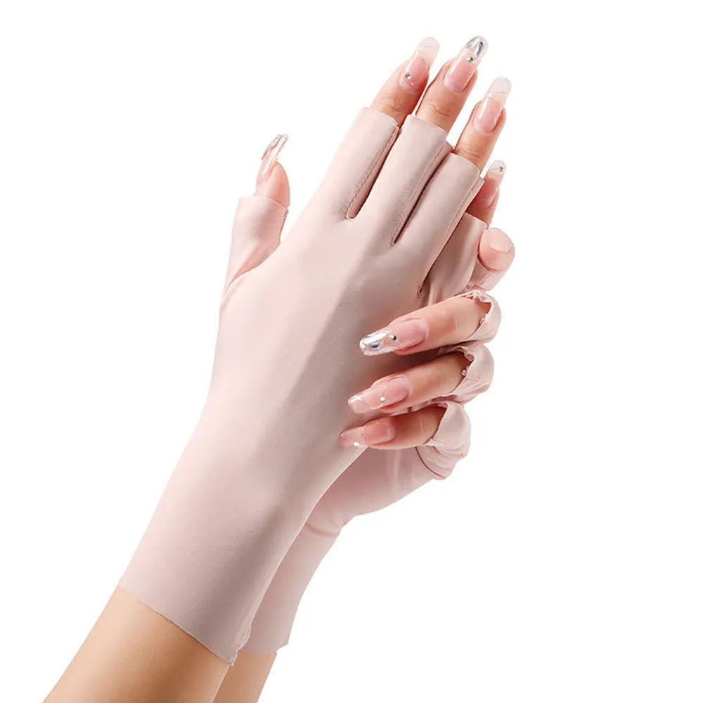Women's thin ice silk sun gloves in various colours showing UPF50+ protection for driving and cycling.