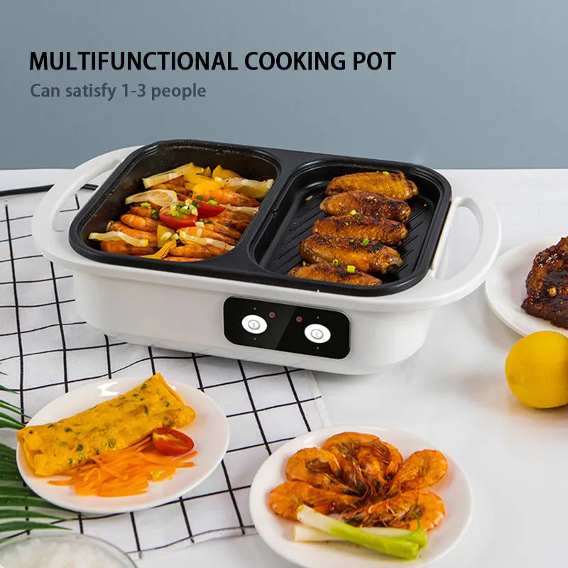 White and green dual-function electric frying oven and hot pot appliance on a kitchen counter.