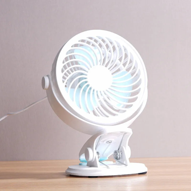 USB desk fan showing compact design with three blades, available in clip-mount or floor-standing styles