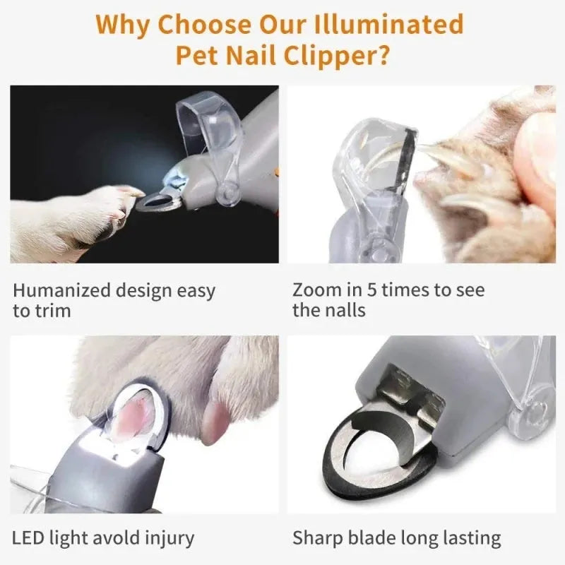 Yellow pet nail clipper for dogs and cats with built-in LED light and magnifying glass.