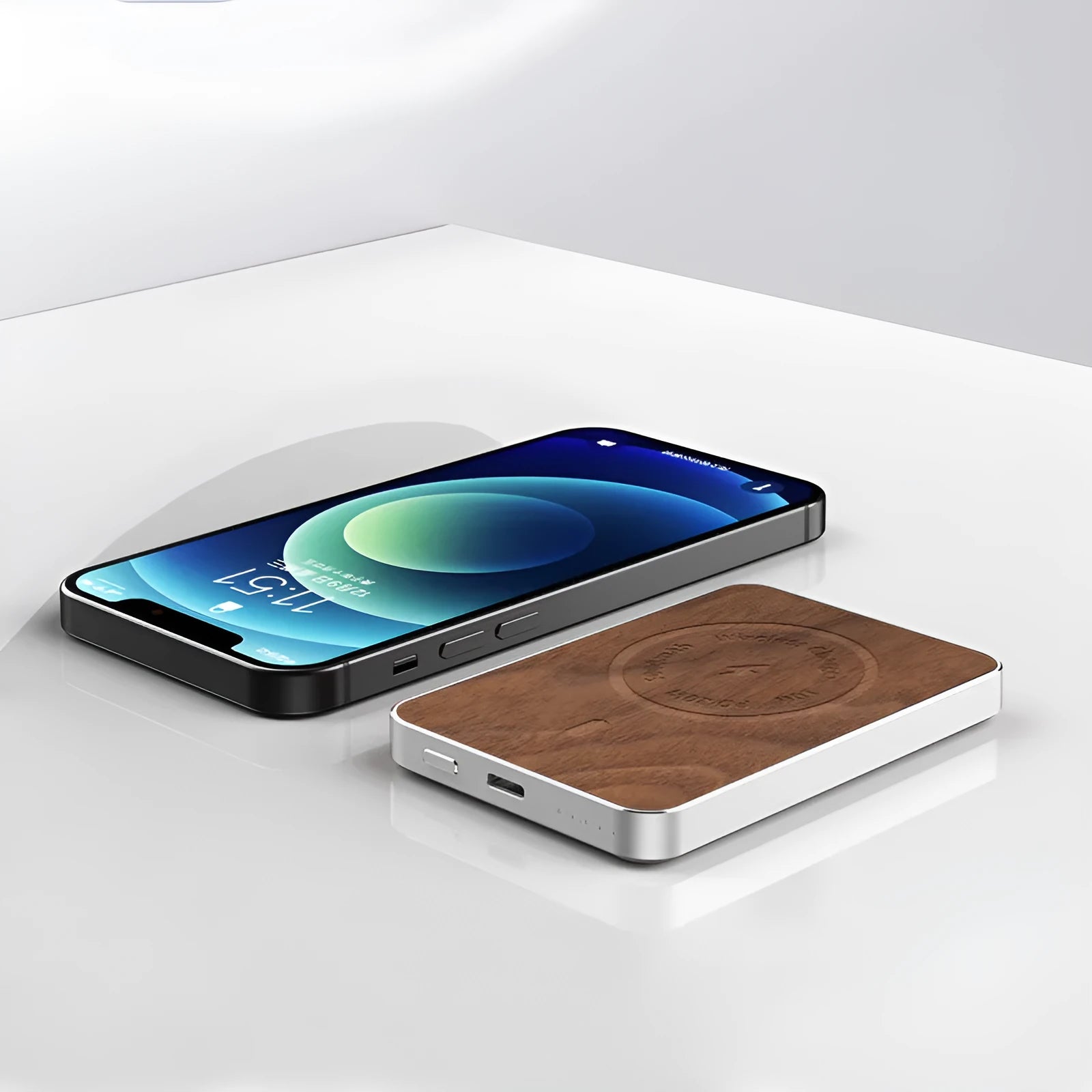 Khaki coloured alloy wireless power bank with magnetic suction, showing dimensions and USB port.