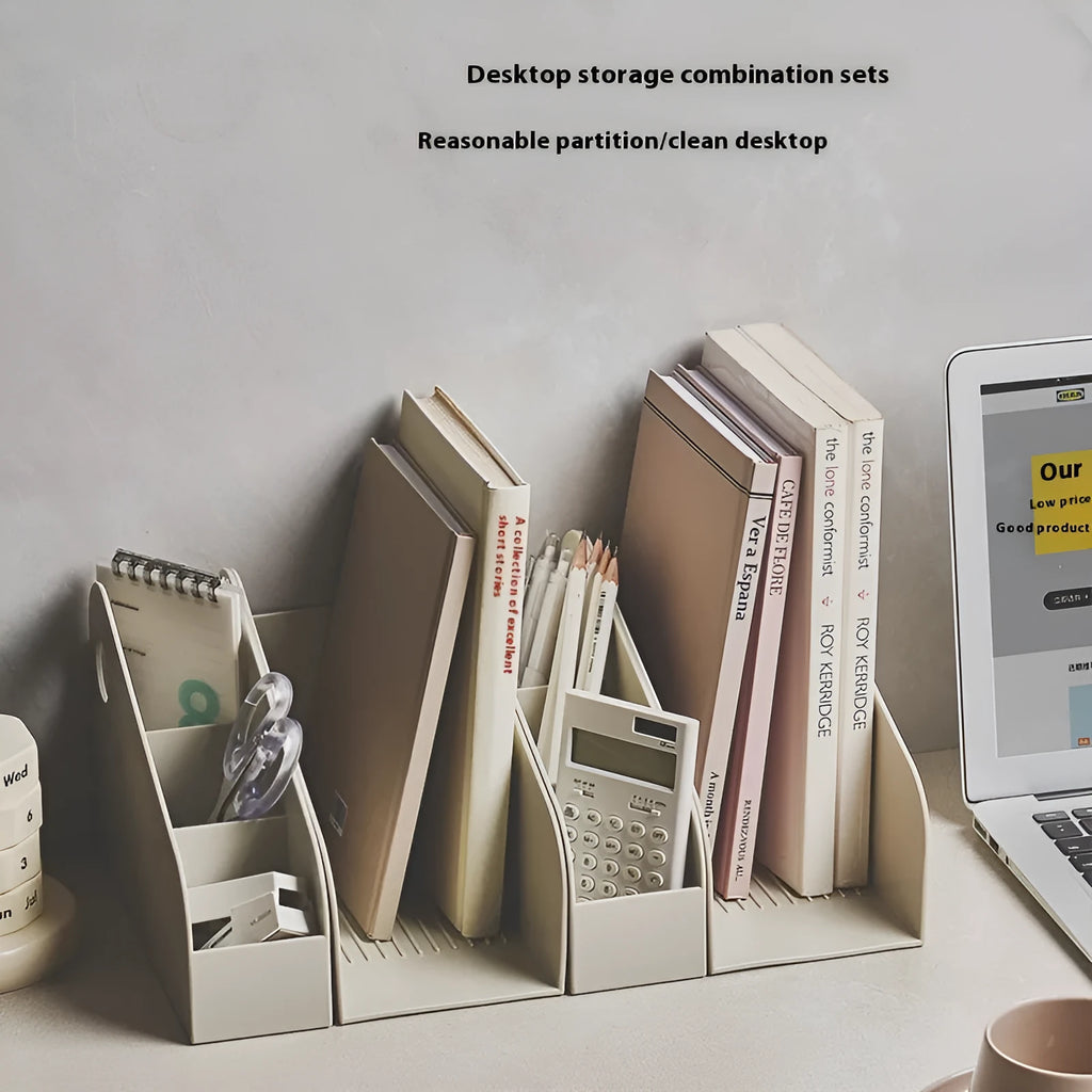 Milk Coffee coloured plastic desktop storage box with two internal grids for documents.