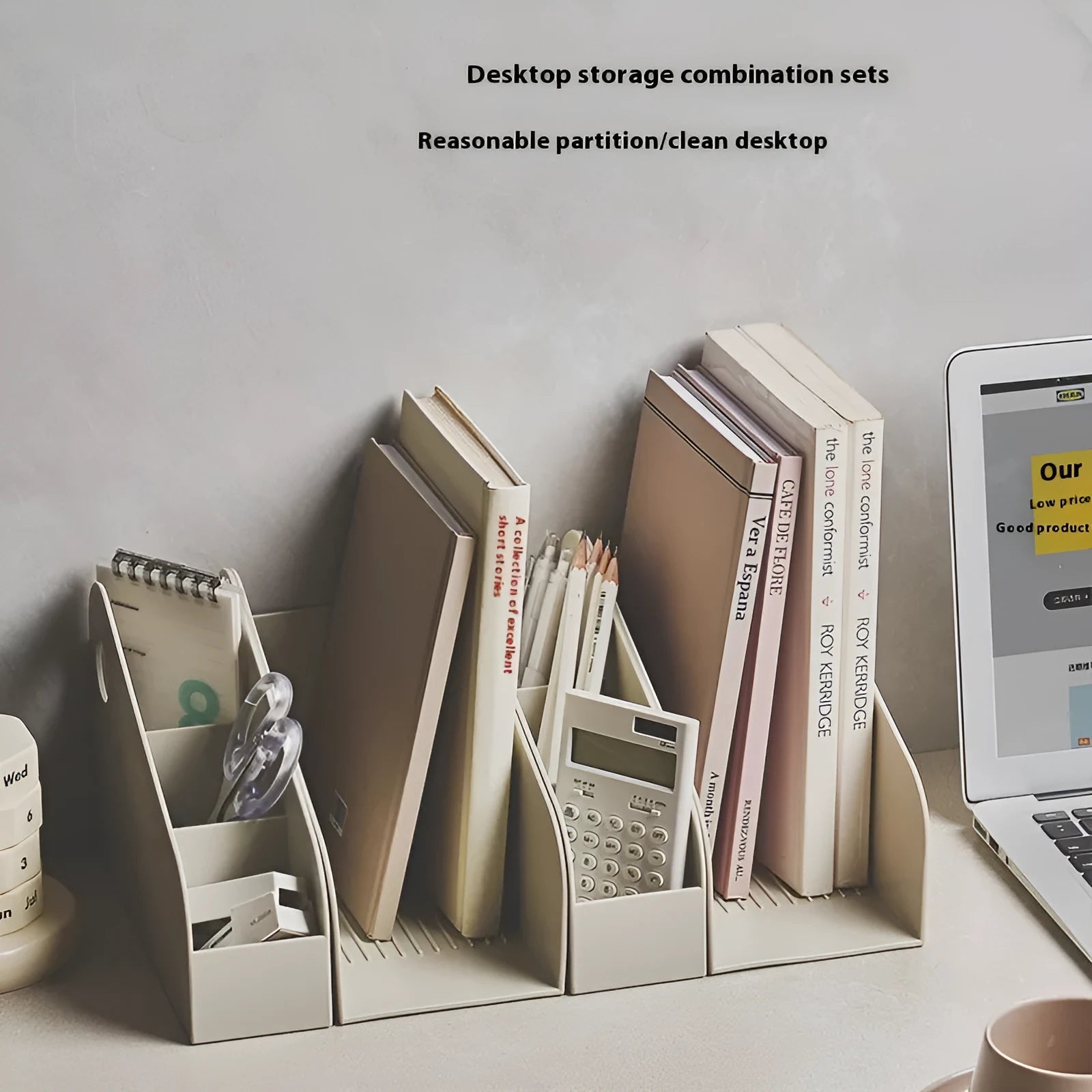 Milk Coffee coloured plastic desktop storage box with two internal grids for documents.