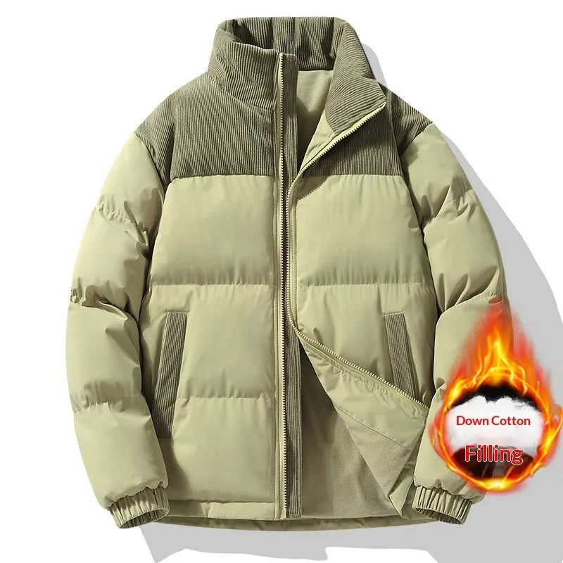 Unisex winter stand-collar padded coat in solid colour, loose fit, side seam pockets, polyester fabric