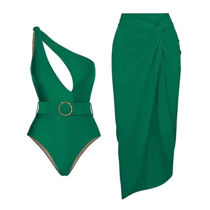 Women's one-piece swimsuit with gauze skirt in polyester fabric, showing sleeveless design
