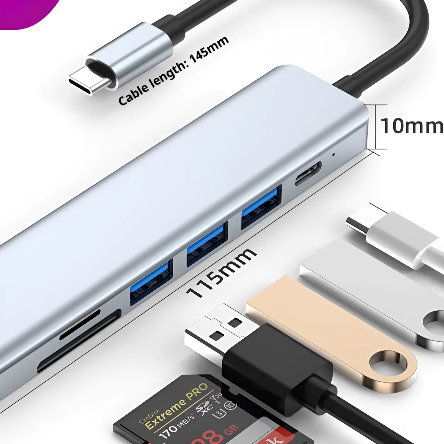 Seven-port Type-C USB expander hub with HDMI, USB ports, SD slots, and 0.145m cable for laptop connectivity