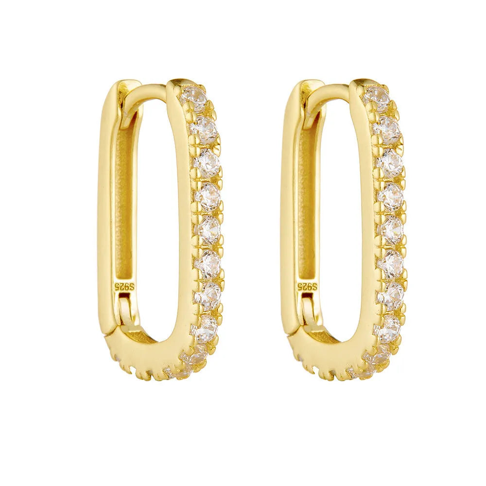 Sterling silver oval zircon ear clip earrings with geometric design in yellow and white options