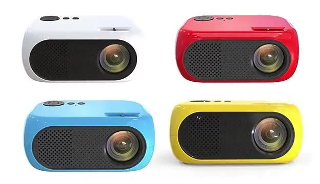 M24 micro mini projector in gold or white colour with power adapter and AV cable