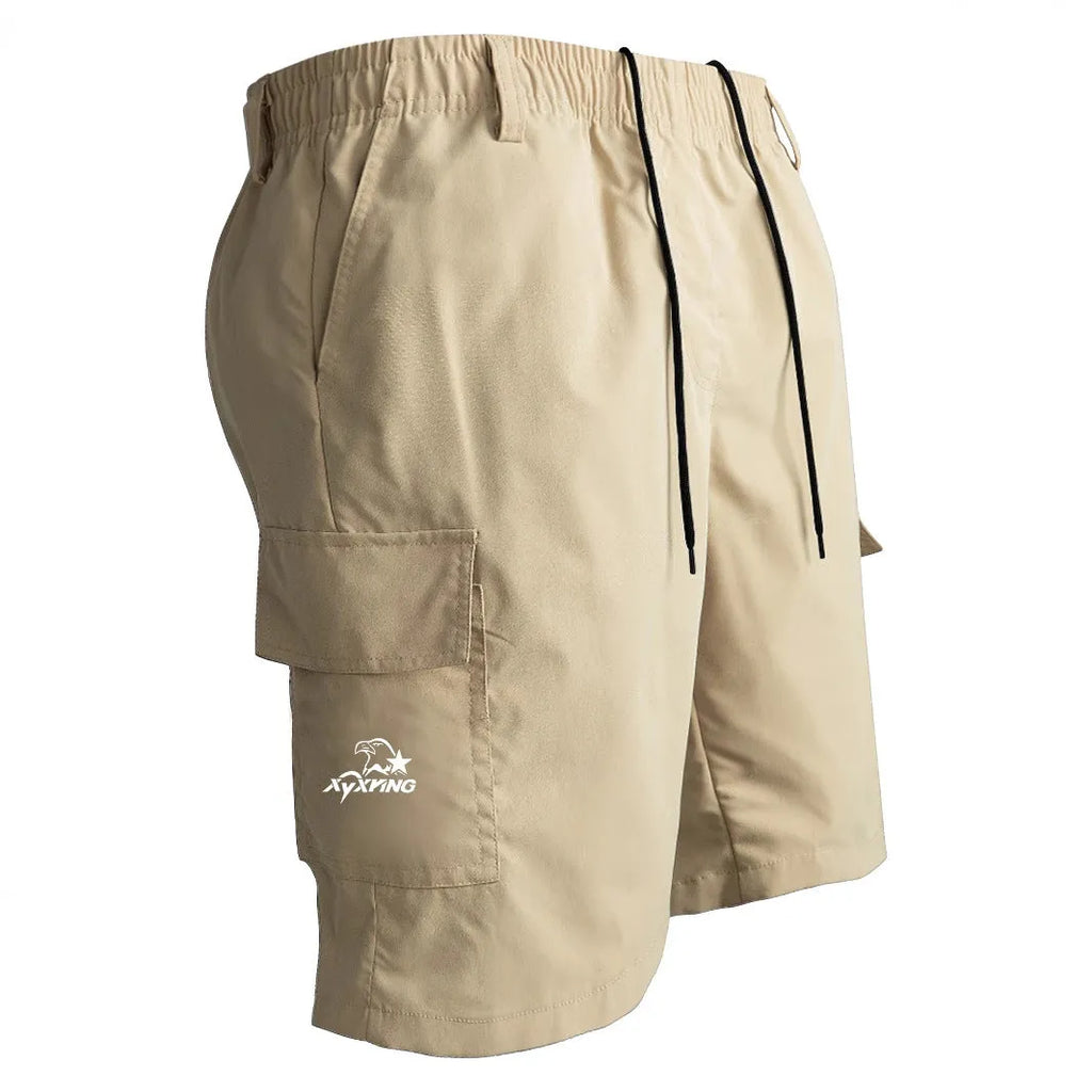 Loose straight-leg casual shorts in blue, American sport style, made from polyester fabric.