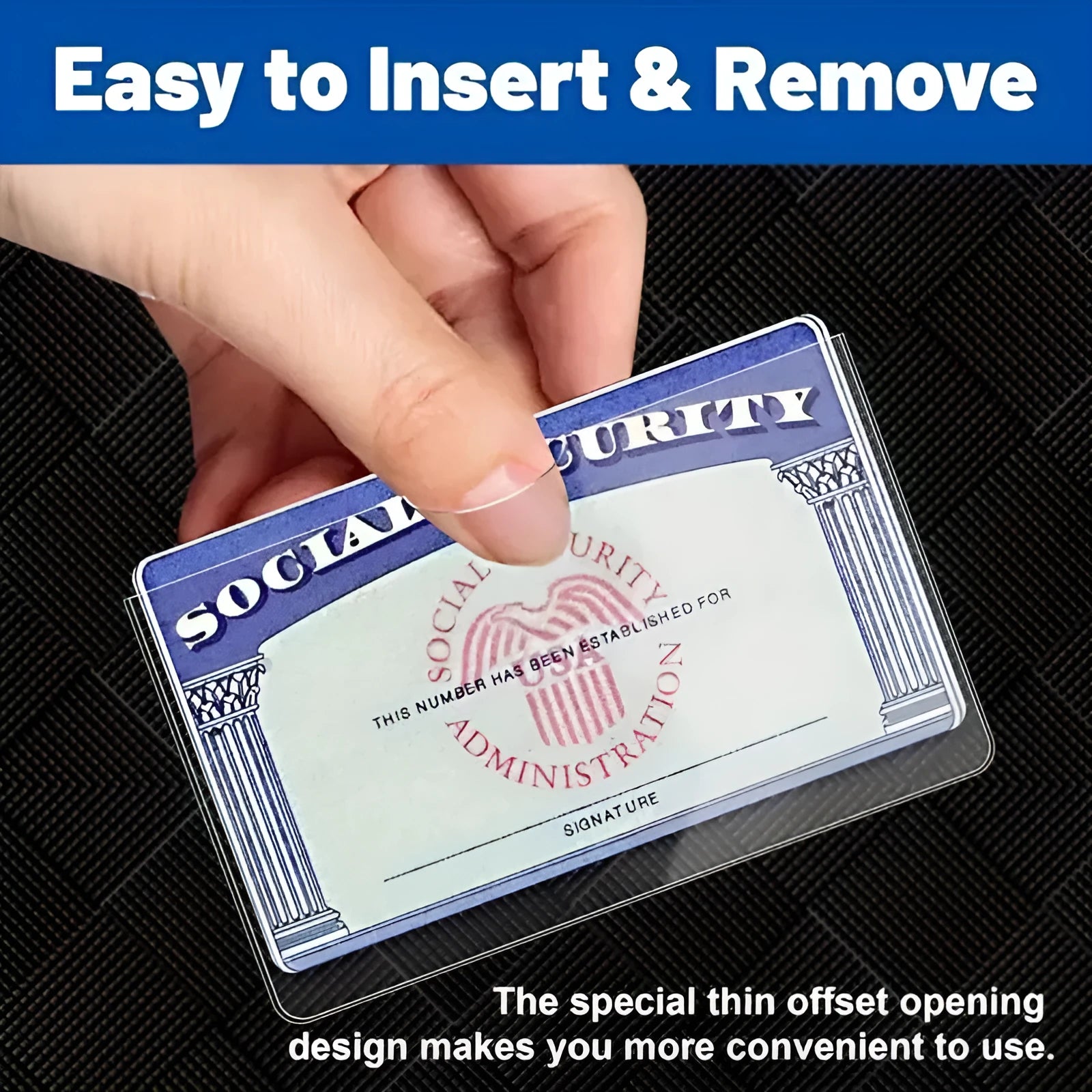 Transparent PVC card holder for social security cards measuring 9.7 by 5.9 centimetres