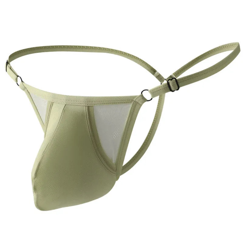 Men's Ice Silk nylon T-back briefs with thin straps and adjustable low-rise waistband.