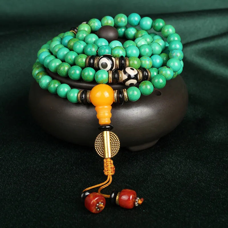Natural turquoise ethnic bracelet with 108 polished 8mm raw ore beads in national style
