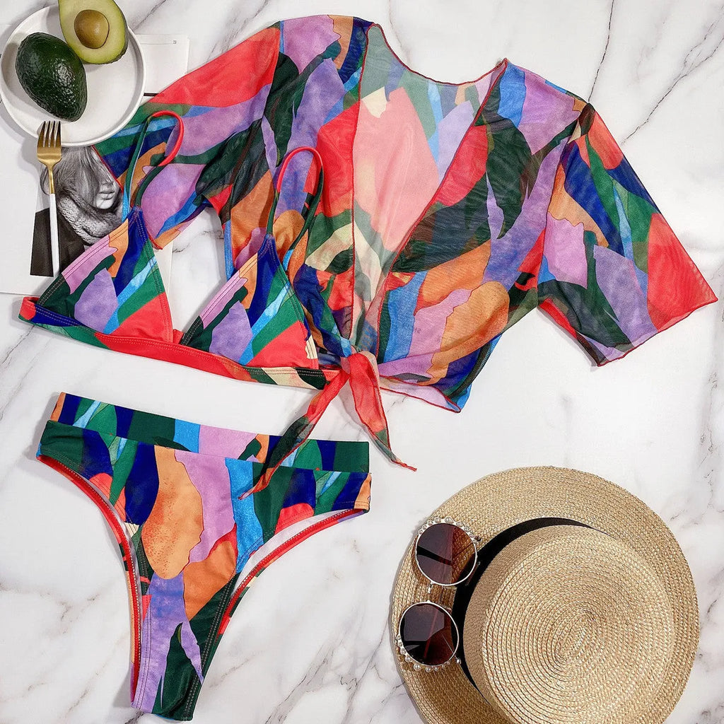 Red women's split swimsuit with print for swimming and casual surfing.