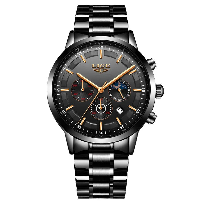 Men's waterproof quartz business sports watch in black and rose red gold with 12mm thickness