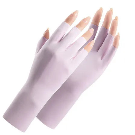 Women's thin ice silk sun gloves in various colours showing UPF50+ protection for driving and cycling.