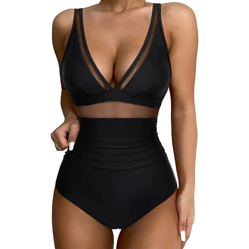 Black mesh halter one-piece swimsuit for women with briefs cut in nylon fabric