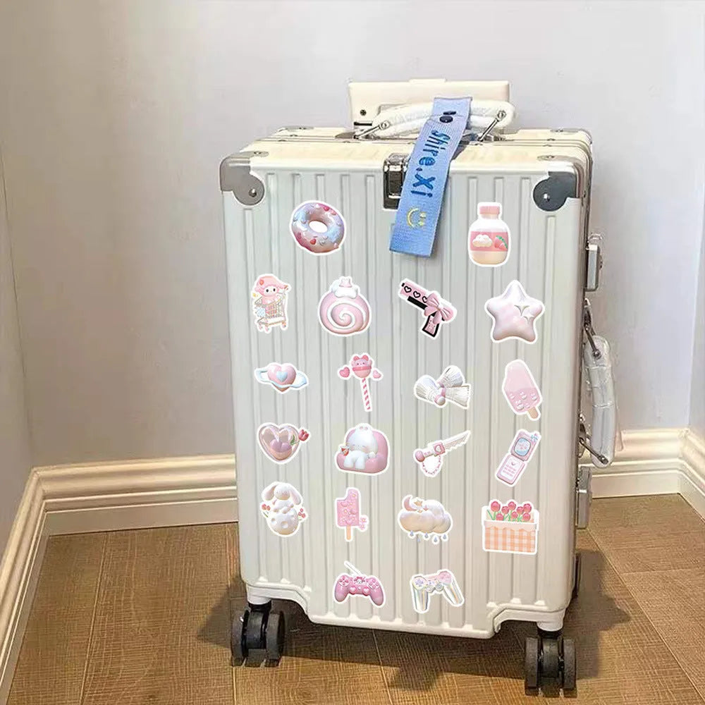 63-piece decorative sticker set with realistic 3D pink girl heart designs in two distinct patterns