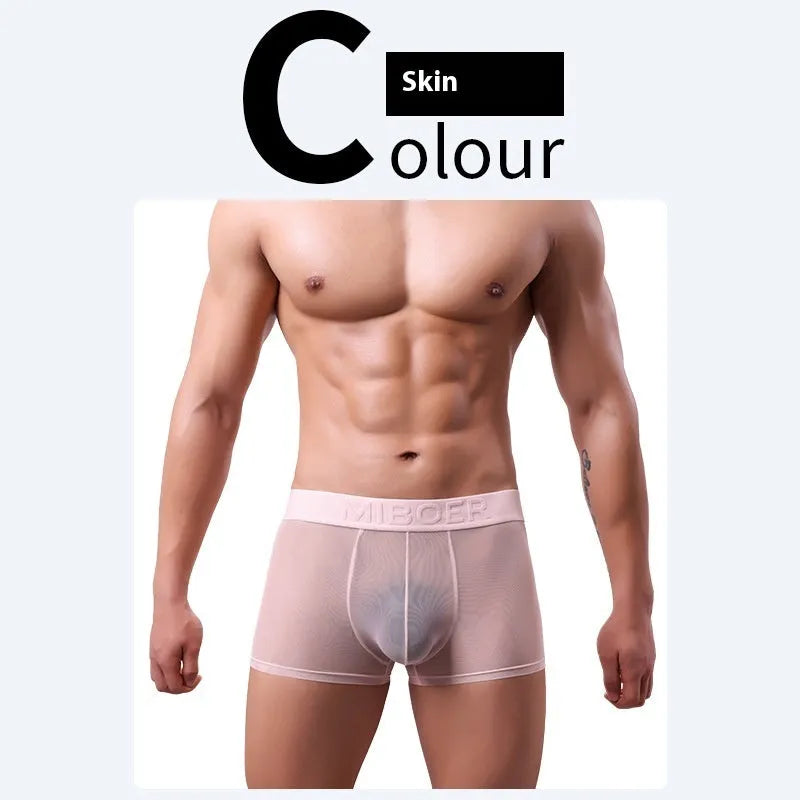 Men's thin quick-drying polyester boxers in six colours on a size chart background.