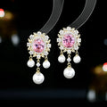 Oval geometric copper earrings with zircon inlay and pearl tassels in light purple colour