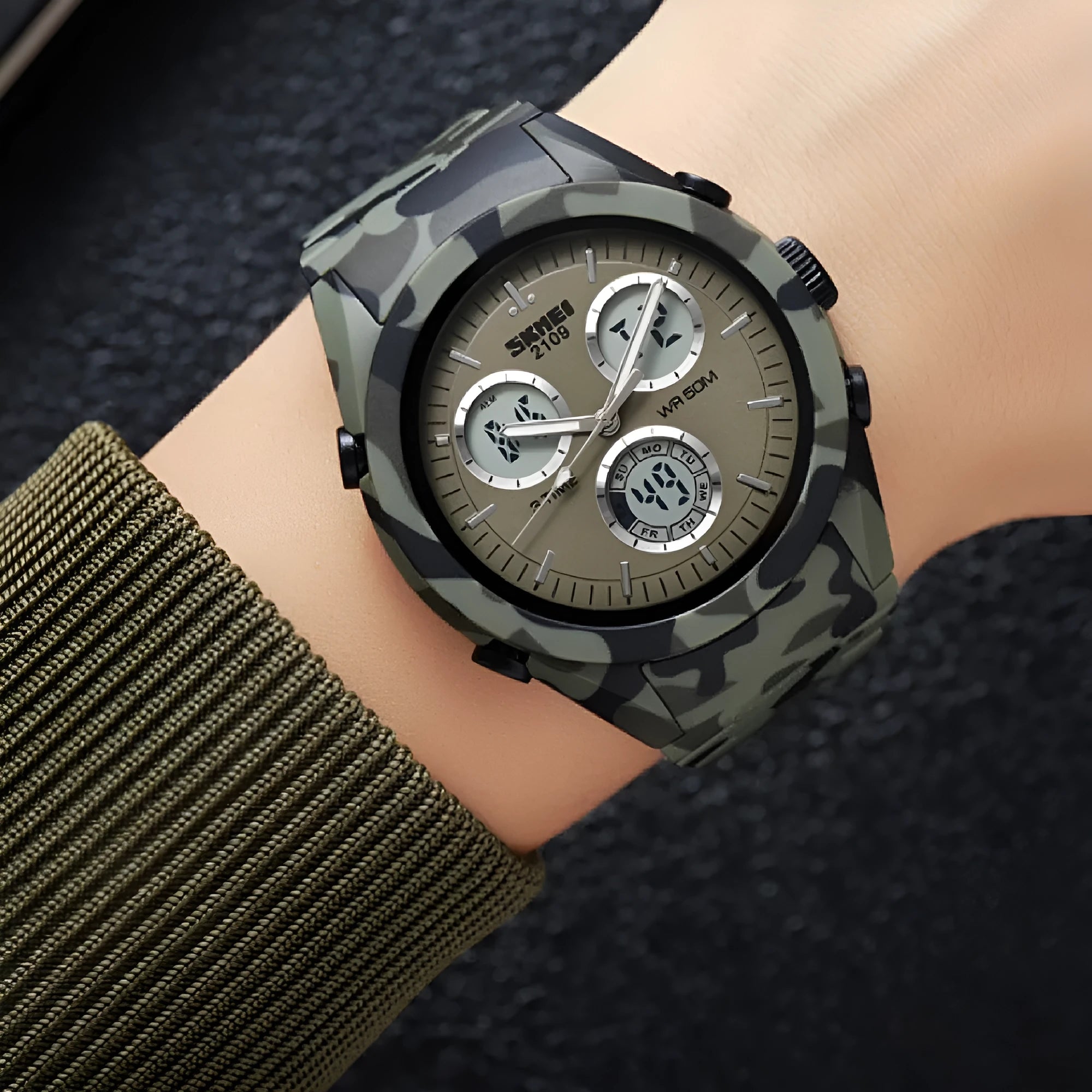 Electronic casual watch with a resin mirror and TPU strap, shown in Army Green camouflage colour.