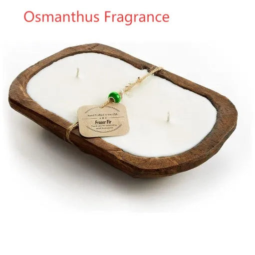 Retro-style lavender aromatherapy candle in a wooden basin made from soy wax.