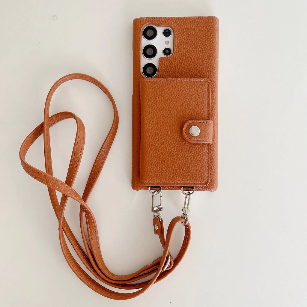 Samsung S23 Ultra crossbody phone case in black with lychee pattern and open card slots