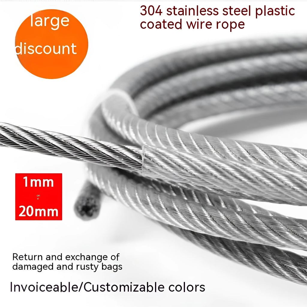 Close-up of a coiled 304 stainless steel multi-strand security cable on a grey background.