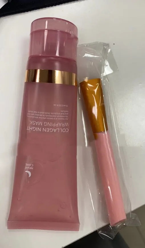 75ml bottle of collagen night sleep mask with application brush for firming and hydrating skin