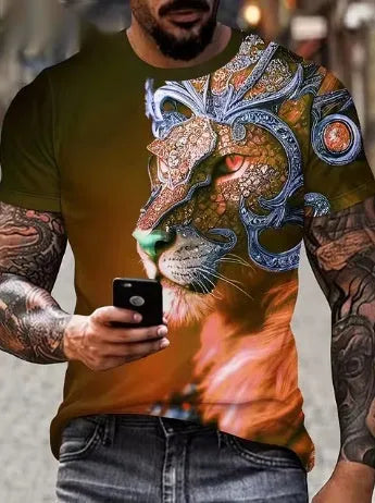 Men's black t-shirt with a large, fierce 3D lion graphic print on the front