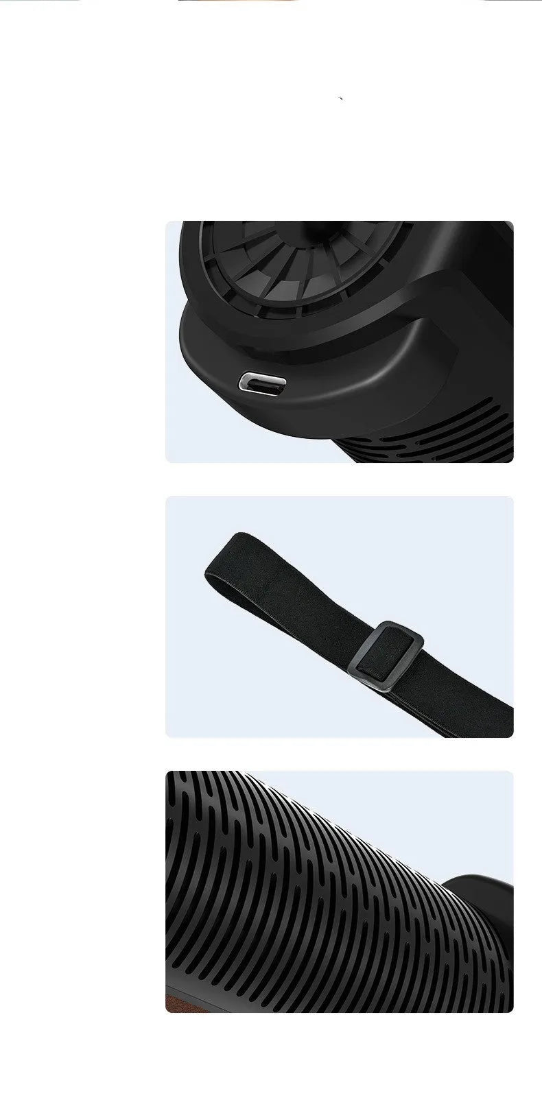 Bladeless car ventilation fan with USB power cord in black colour showing three control buttons
