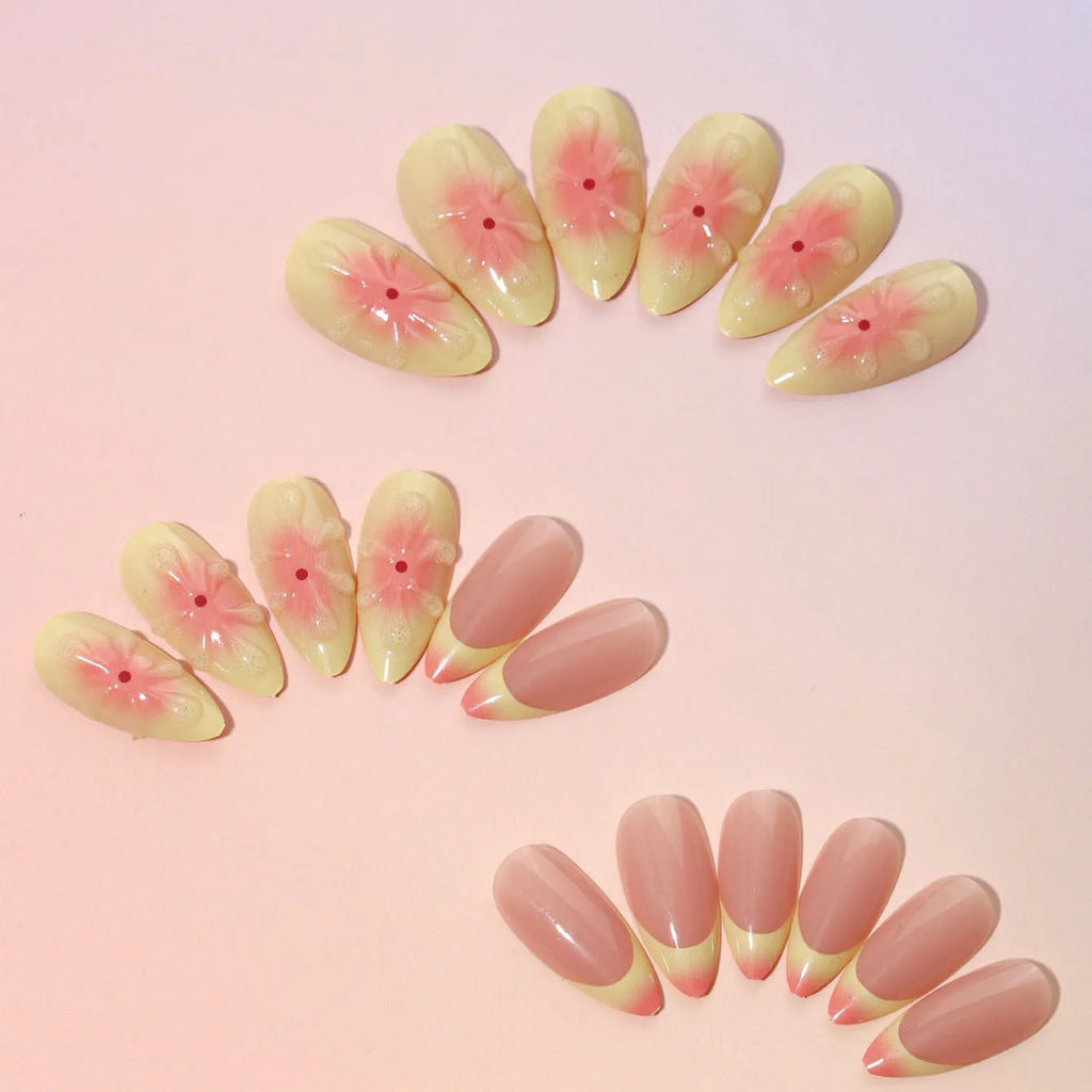 Cartoon flower design artificial press-on nails set with jelly glue and filing strip