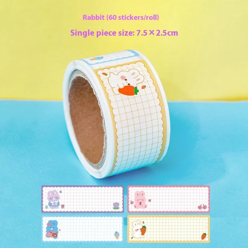 Cartoon tape name labels roll with dinosaur astronaut rabbit girl designs for student organisation