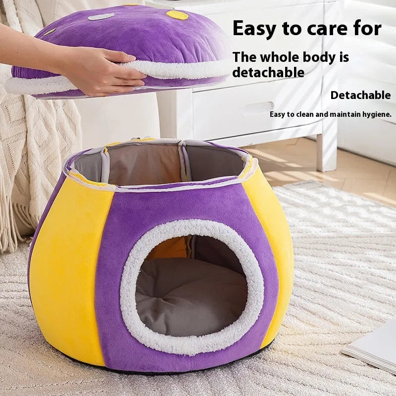 Grey mushroom-shaped cat nest bed with a detachable plush blanket for indoor cats.
