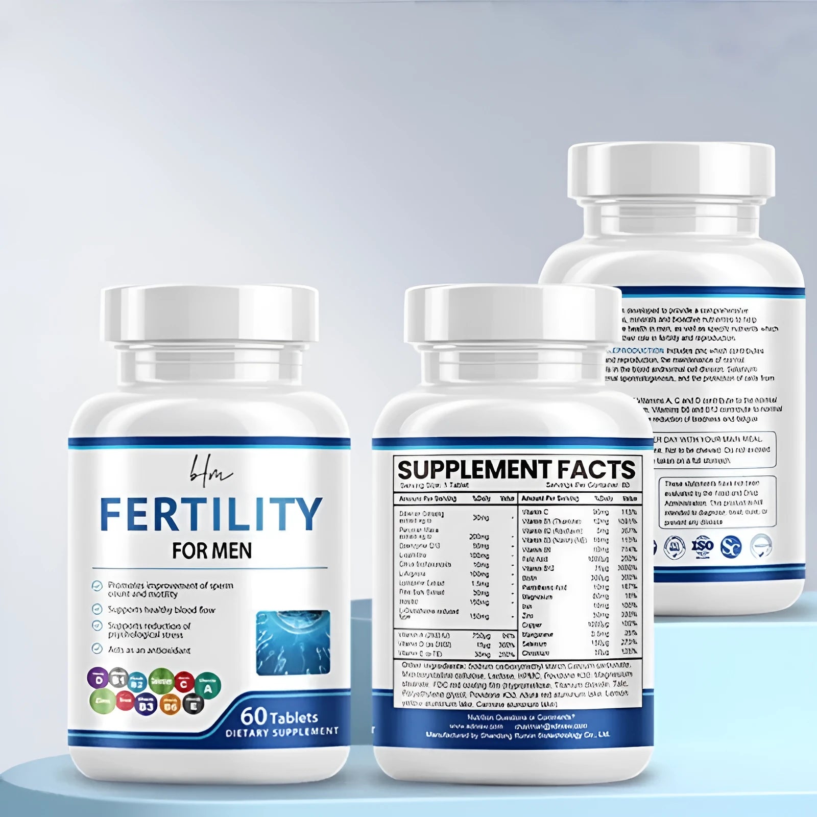 Bottle of 60 male fertility tablets with COMLEX vitamin mineral amino acids supplement