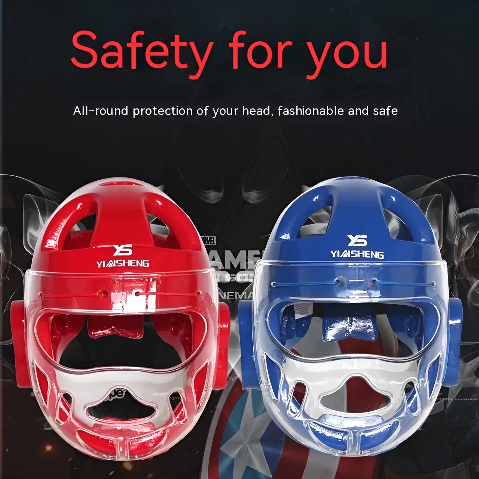 Karate boxing helmet head protection equipment in white, blue, or red colours