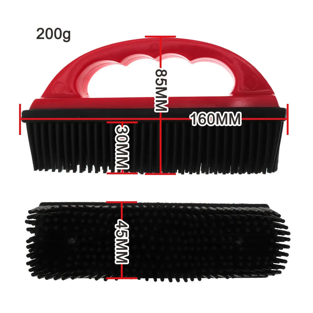 Red silicone pet hair removal brush with massage function for dog grooming and carpet cleaning