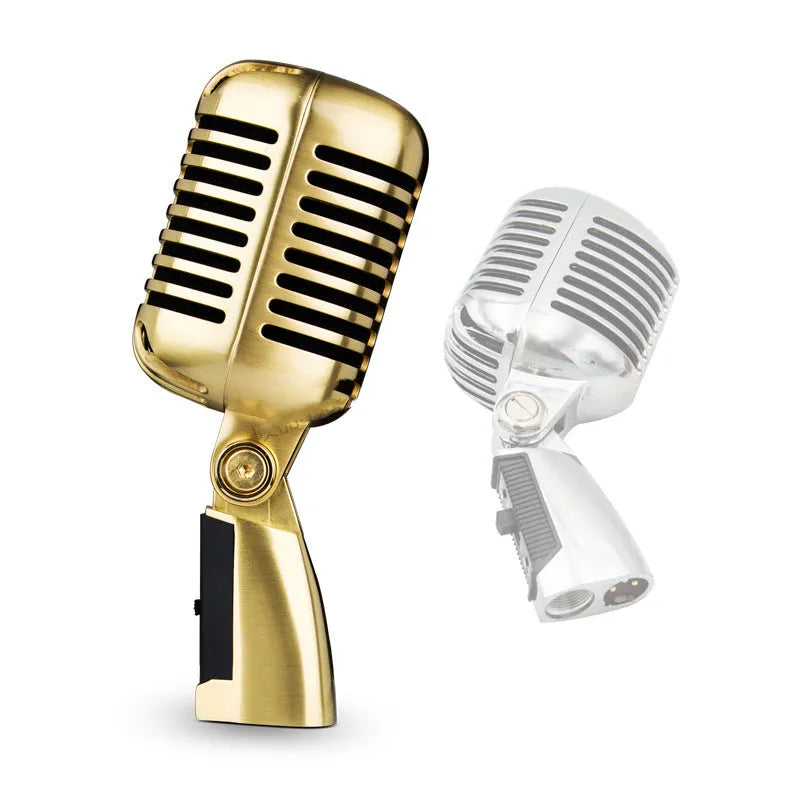 All-metal retro dynamic microphone in silver finish with measurements 185mm height by 80mm diameter