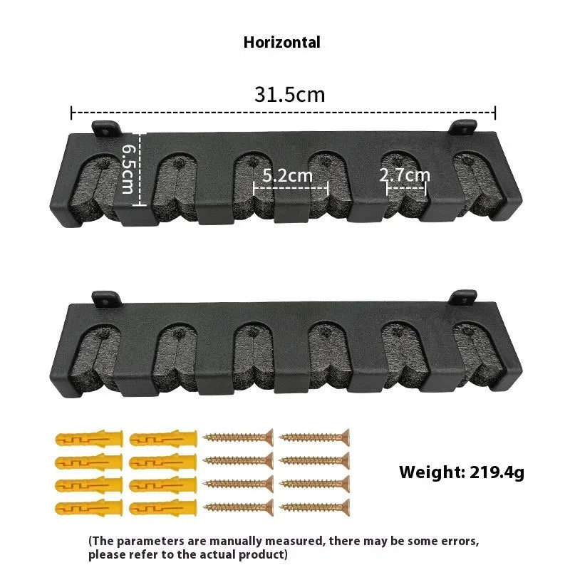 Black wall-mounted fishing rod storage rack in ABS plastic with vertical and horizontal mounting options