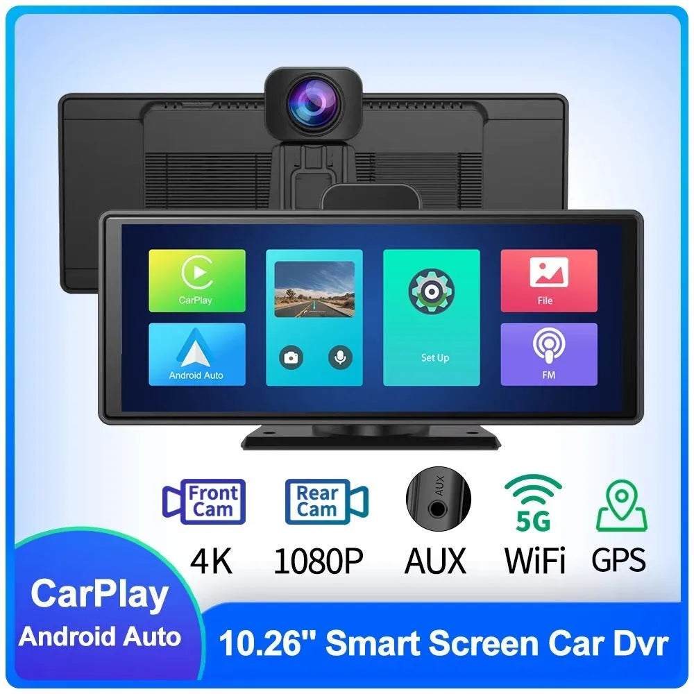 Black 12-inch touch screen car dash cam recorder with rear camera on a car windscreen.