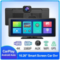 Black 12-inch touch screen car dash cam recorder with rear camera on a car windscreen.