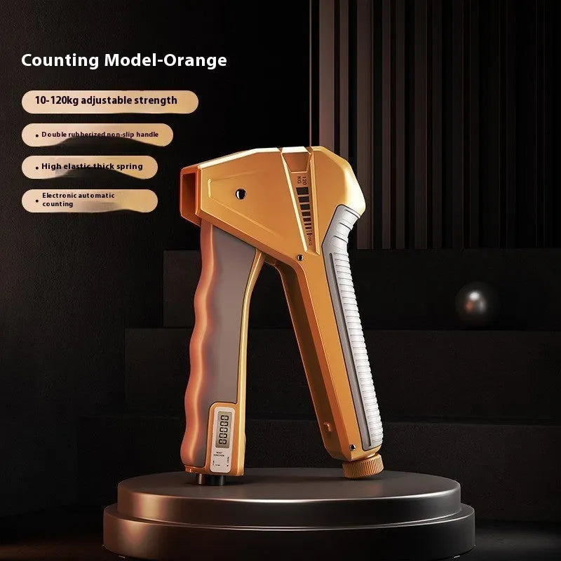 Adjustable hand grip strengthener with mechanical force display, shown in orange colour.