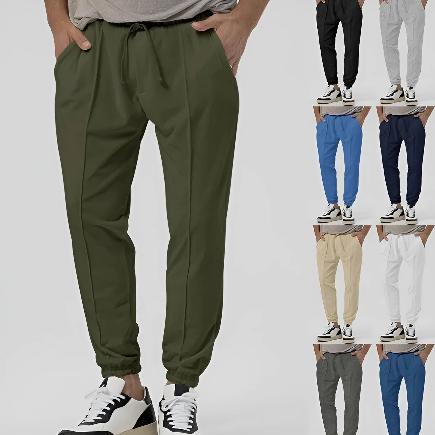 Men's casual track sweatpants in loose tapered straight-leg design showing army green colour option