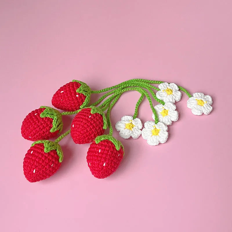 Wool crochet strawberry pendant necklace in pink or red colour with 35cm length