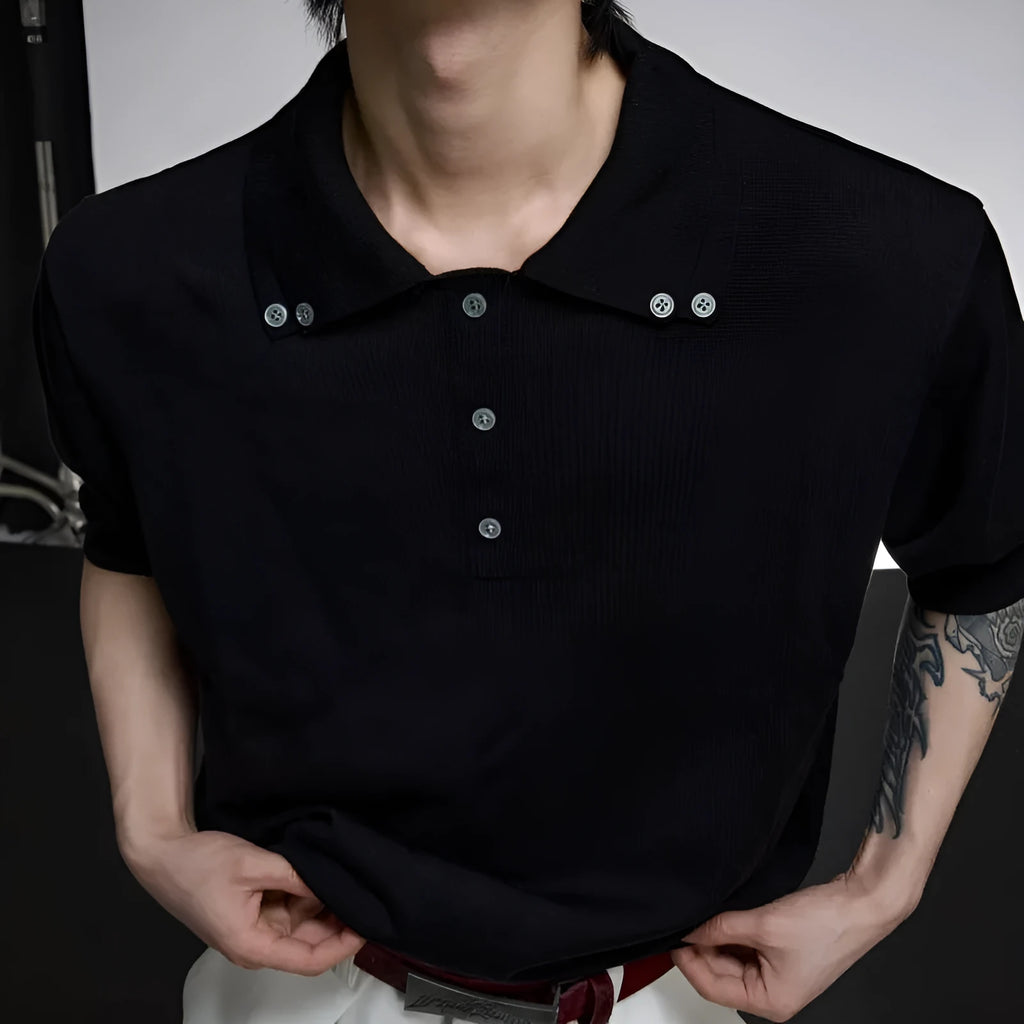 Men's double lapel collar short sleeve shirt in polyester knit fabric, available in black, grey and white colour options
