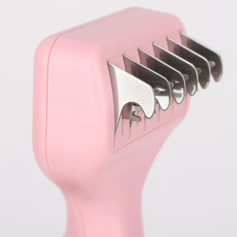 Pink stainless steel dog comb with built-in knot knife and massage brush for pet grooming