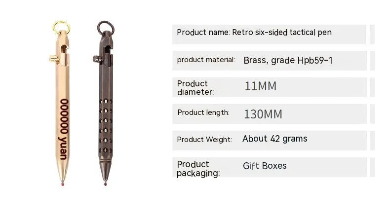 Brass hexagonal bolt pen showing six-sided barrel and bolt detailing with 0.5mm rollerball tip