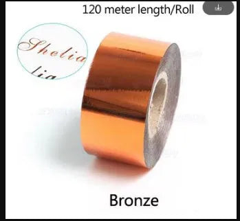 A roll of hot foil stamping paper showing metallic gold finish, with width options of 3cm and 5cm on a 120m long roll.