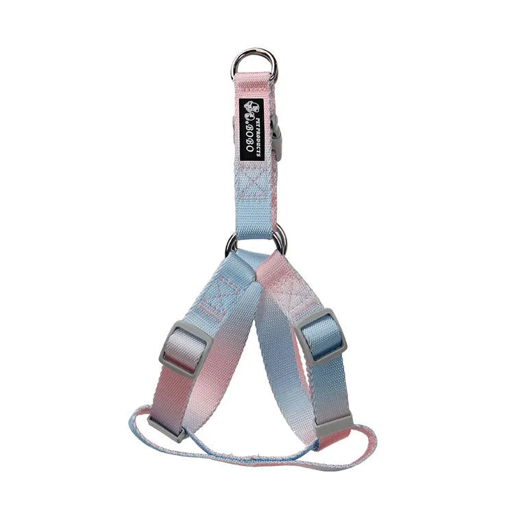 Gradient colour nylon dog leash set showing pink and yellow colour blend on a chest back harness style.