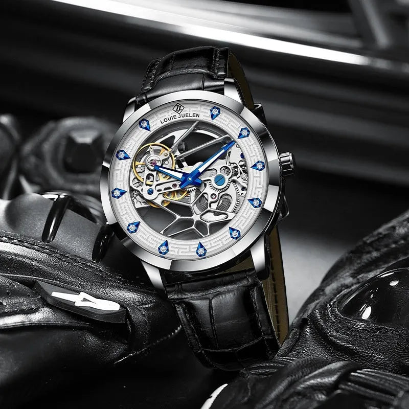 Men's silver case mechanical watch with black leather strap and luminous hands