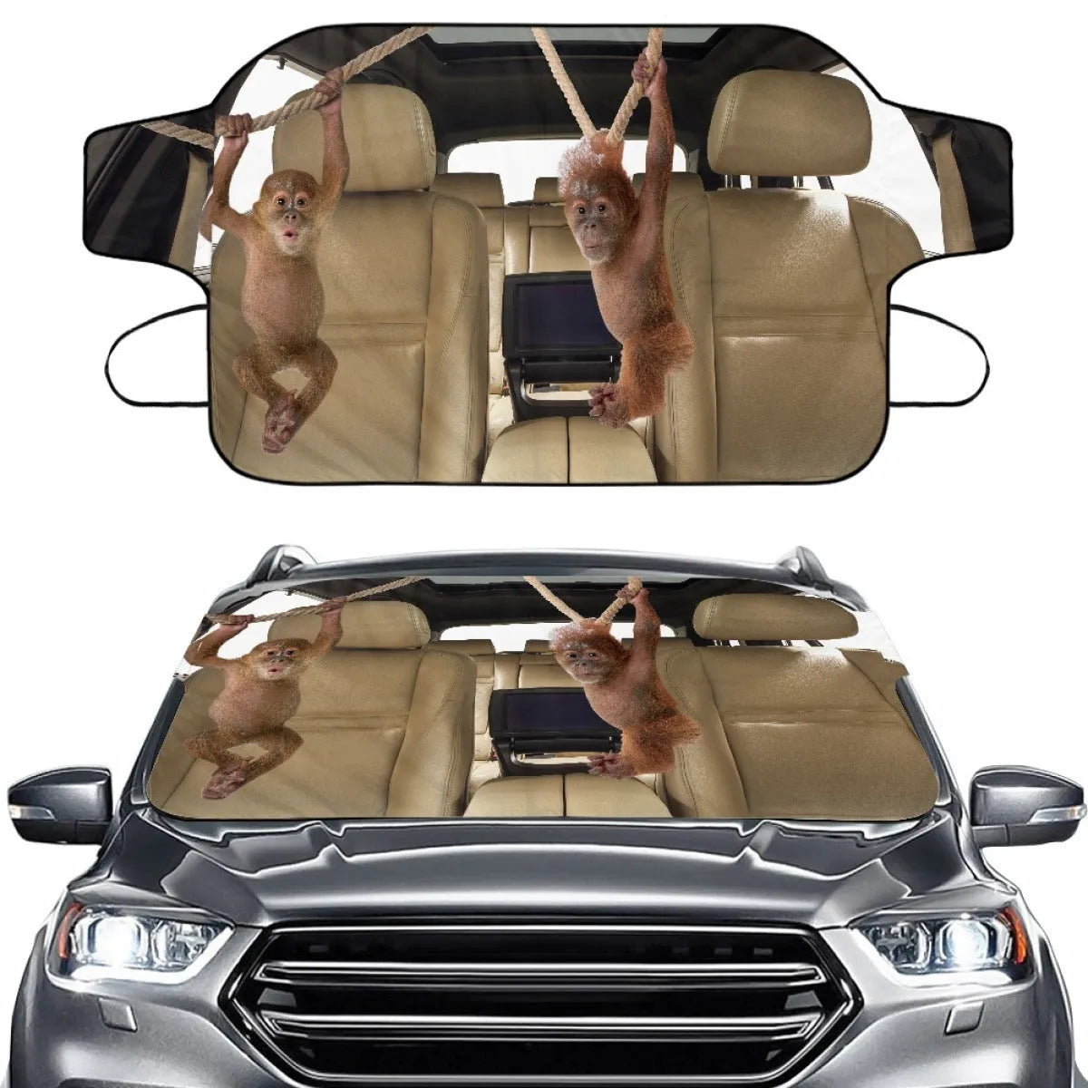 Aluminium film foam polyester fabric car front sunshade protector with lanyard ties